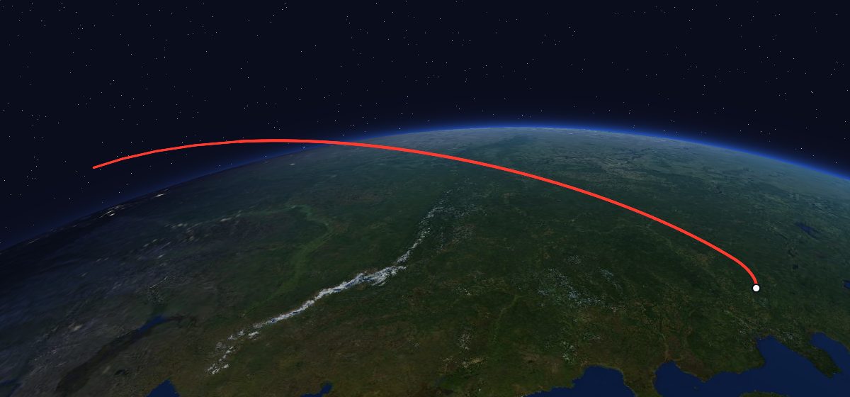 US-K 25: the flight path in 3D, from the pad to orbit, seen from space