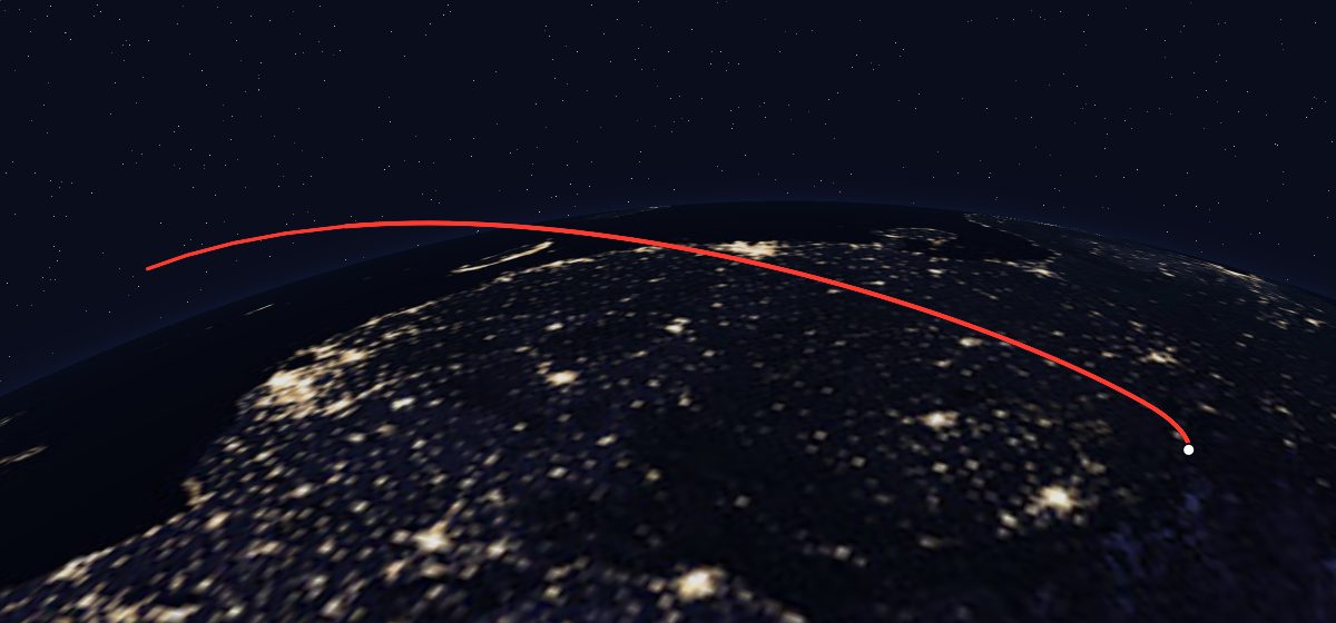 Tan Ce 1: the flight path in 3D, from the pad to orbit, seen from space