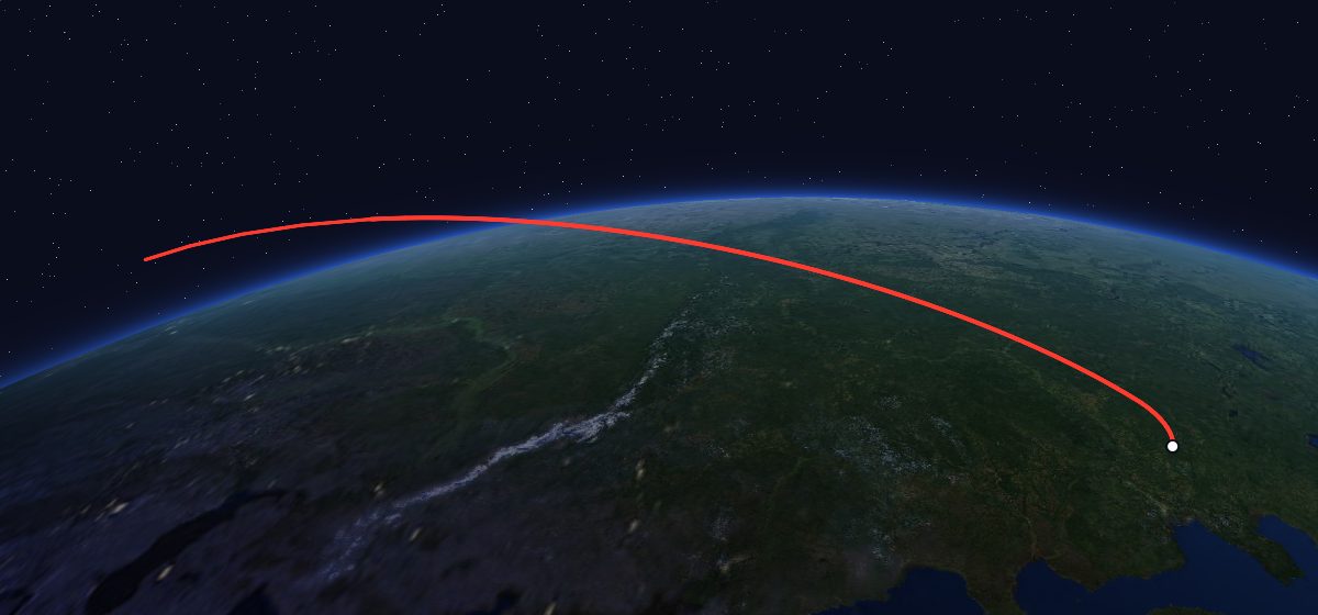 Molniya-2 1: the flight path in 3D, from the pad to orbit, seen from space