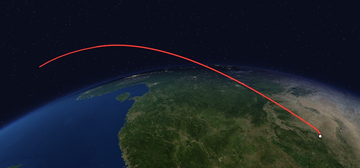 Yaogan Weixing 1: the flight path in 3D, from the pad to orbit, seen from space