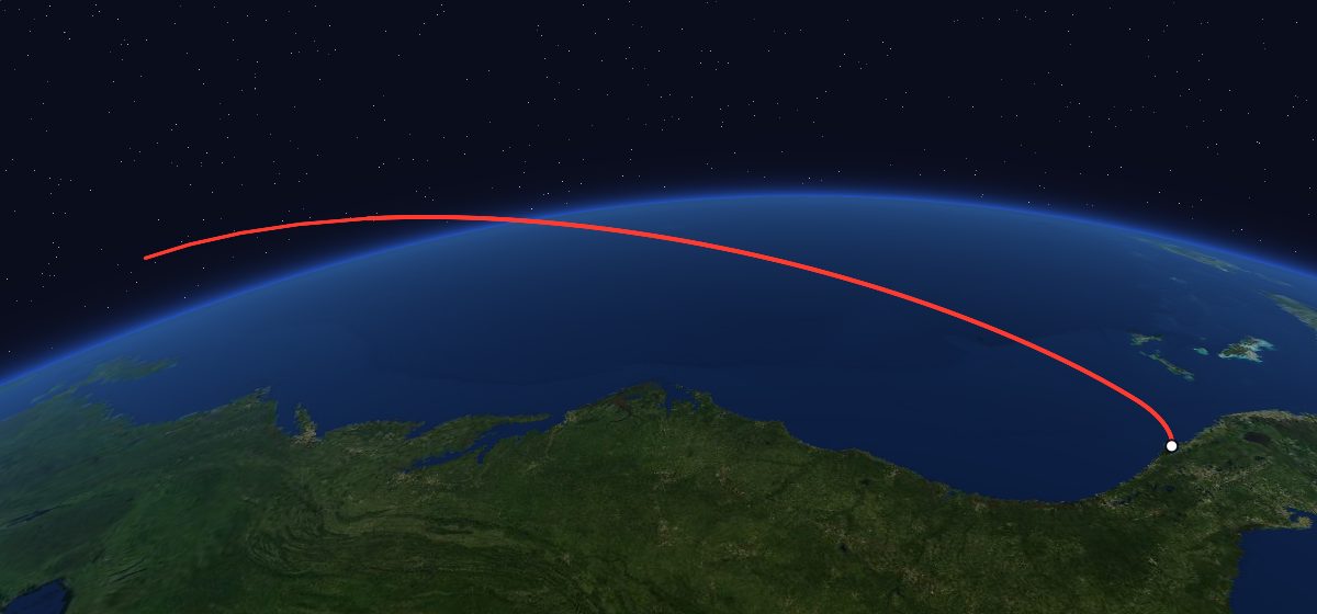 STS-58: the flight path in 3D, from the pad to orbit, seen from space