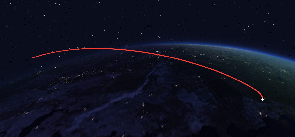 Molniya-1K 46: the flight path in 3D, from the pad to orbit, seen from space