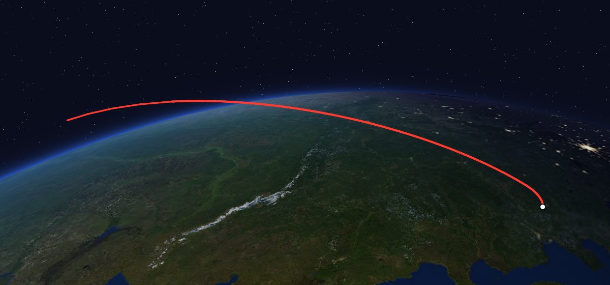Tselina-D 42: the flight path in 3D, from the pad to orbit, seen from space