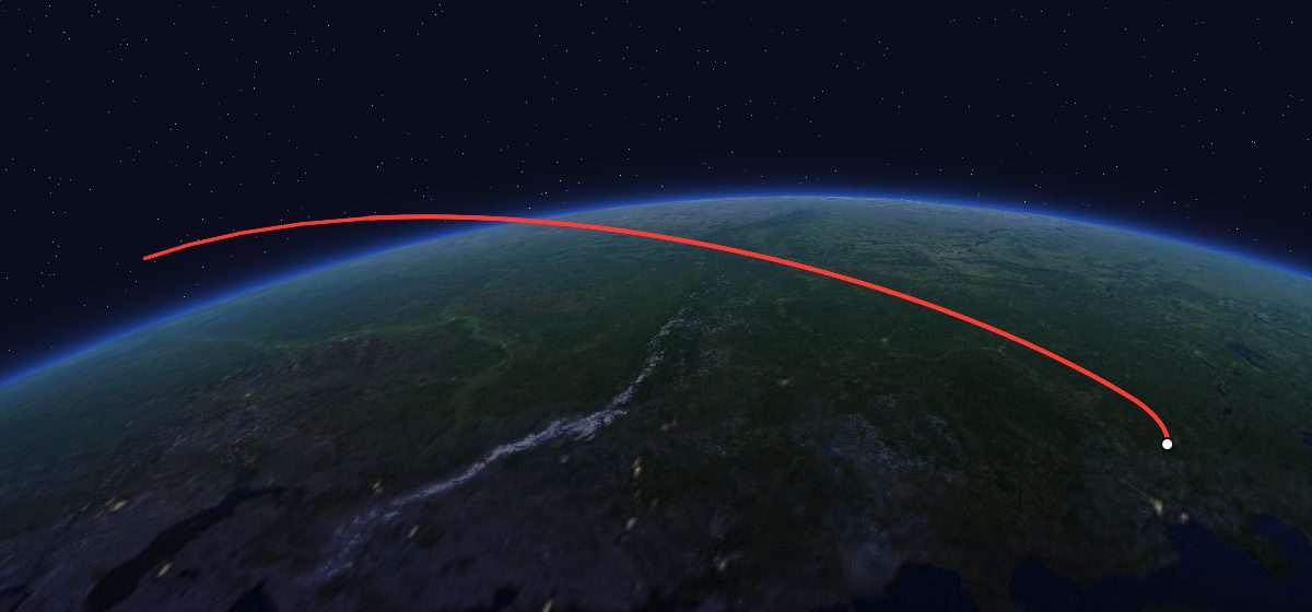 EPN 03.0380 3: the flight path in 3D, from the pad to orbit, seen from space