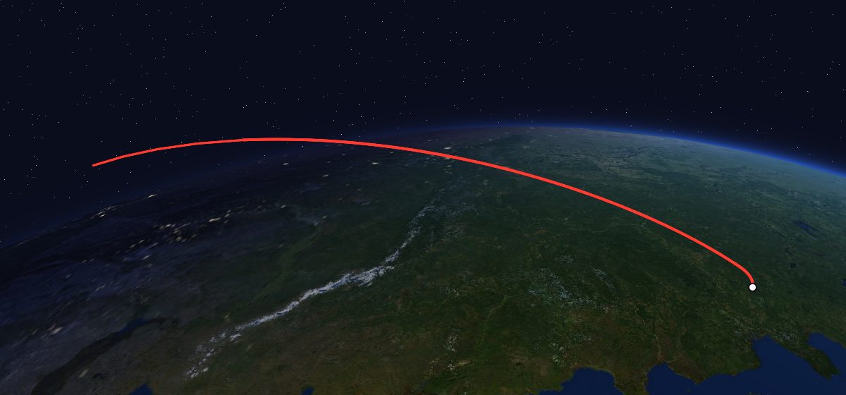 Yantar-2K 10: the flight path in 3D, from the pad to orbit, seen from space