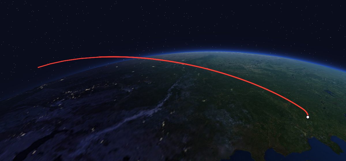 Zenit-4MT 13: the flight path in 3D, from the pad to orbit, seen from space