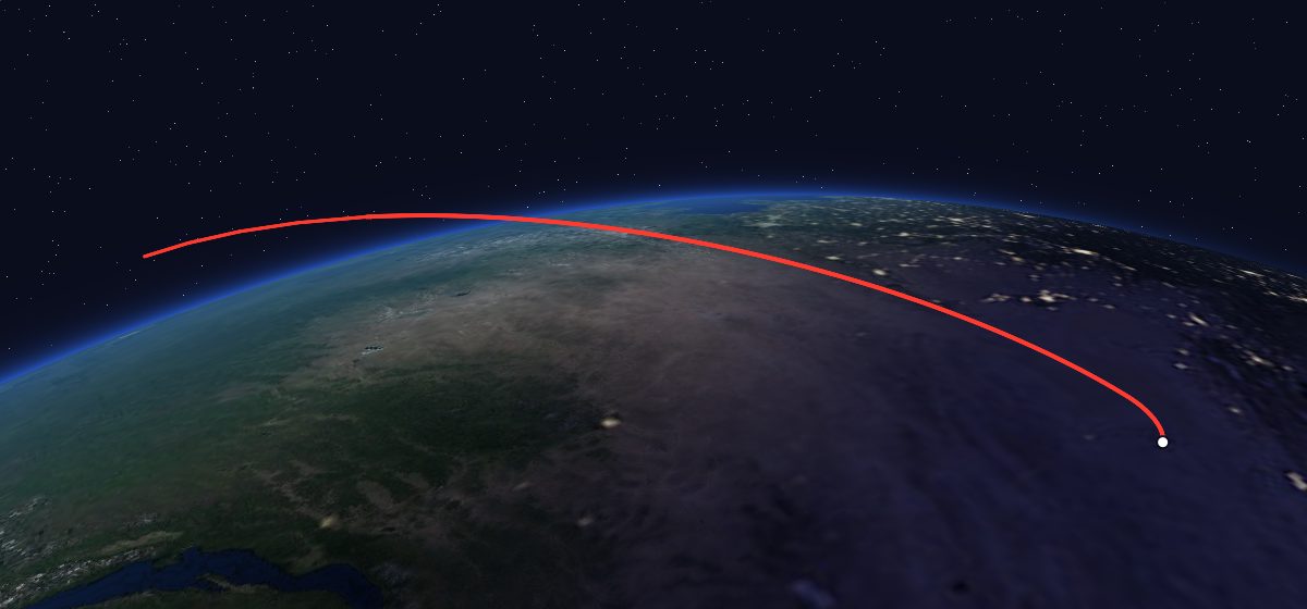 Shi Jian 2: the flight path in 3D, from the pad to orbit, seen from space