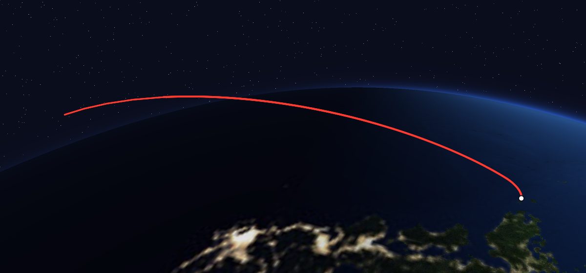 Kiku 2: the flight path in 3D, from the pad to orbit, seen from space