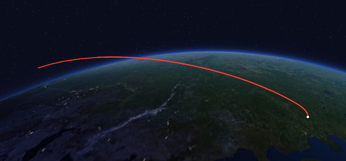 Tselina-D 22: the flight path in 3D, from the pad to orbit, seen from space