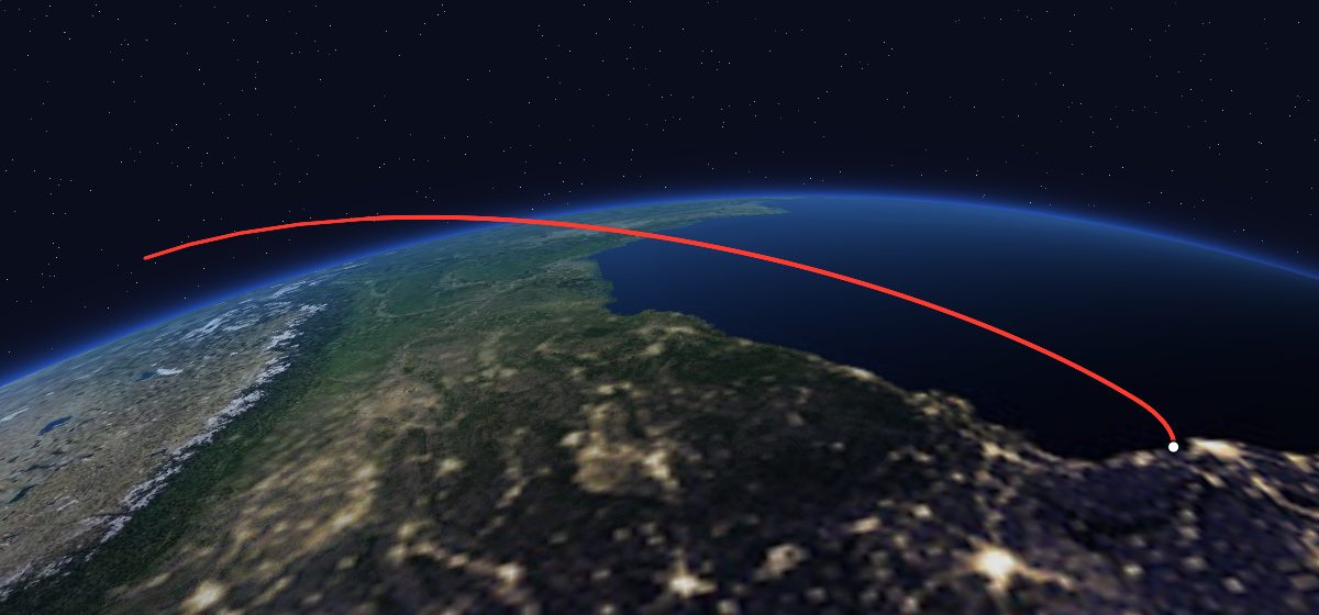 SROSS-C2: the flight path in 3D, from the pad to orbit, seen from space