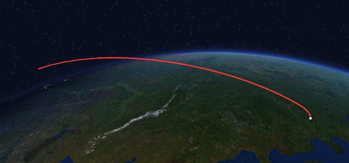 Molniya-2 9: the flight path in 3D, from the pad to orbit, seen from space