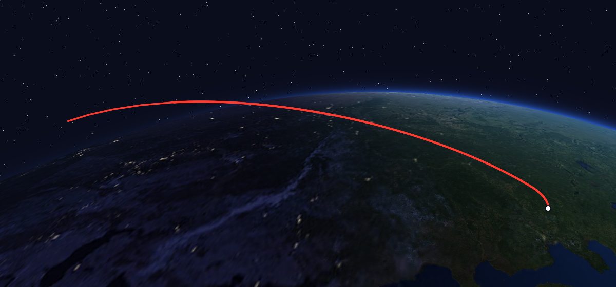 Molniya-1 28: the flight path in 3D, from the pad to orbit, seen from space