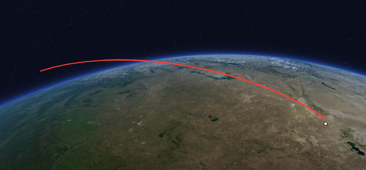 Soyuz TMA-1: the flight path in 3D, from the pad to orbit, seen from space
