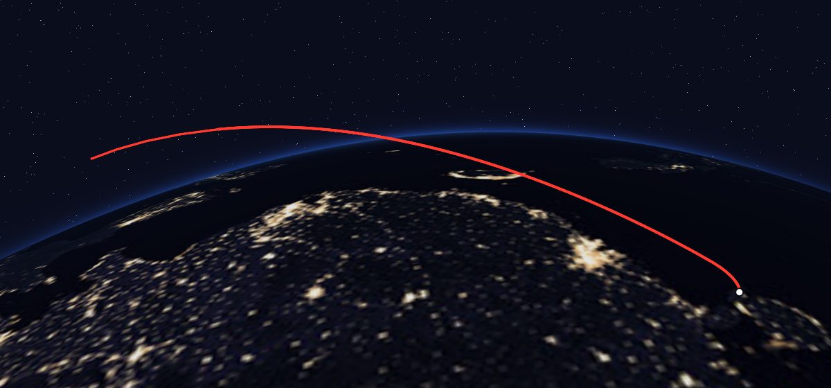 SatNet LEO Group TBD?: the flight path in 3D, from the pad to orbit, seen from space