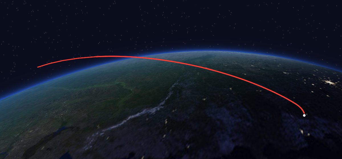 Molniya-2 12: the flight path in 3D, from the pad to orbit, seen from space