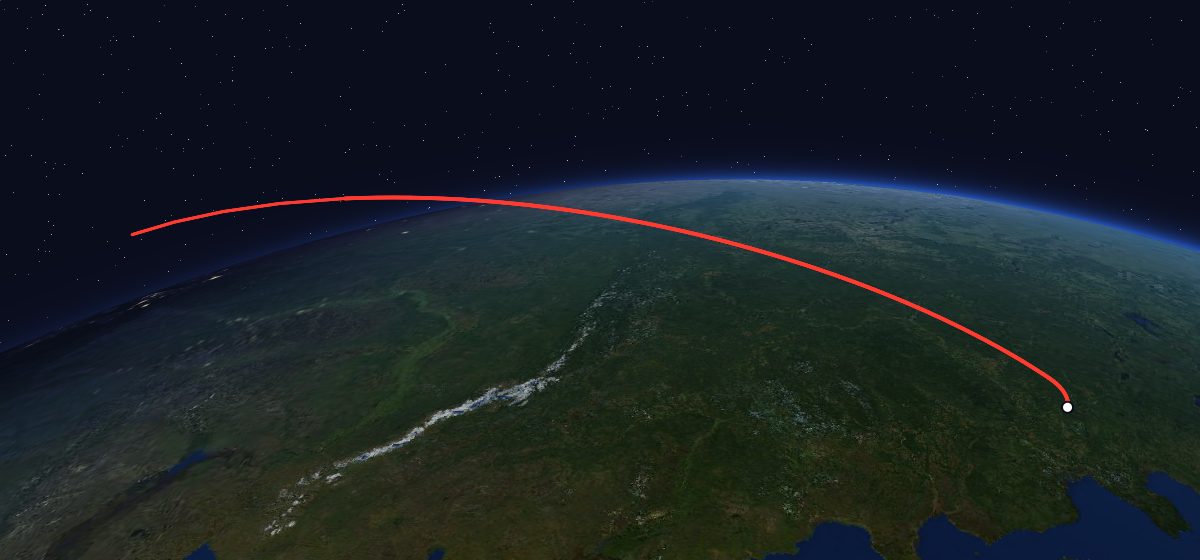 Yantar-2K 8: the flight path in 3D, from the pad to orbit, seen from space