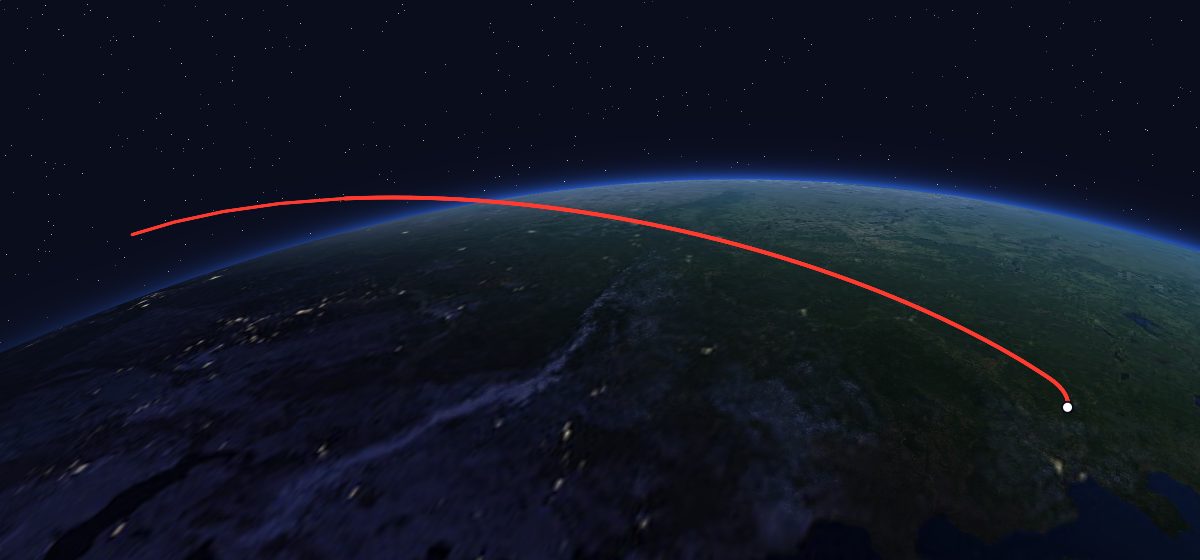 Zenit-4MT 3: the flight path in 3D, from the pad to orbit, seen from space