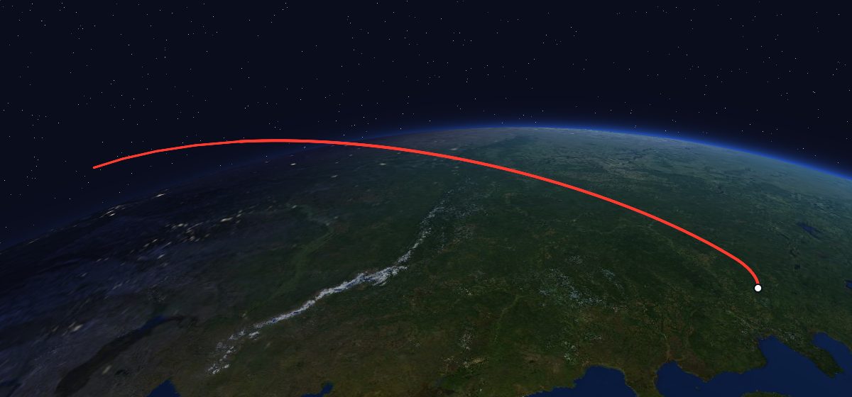 Tselina-D 10: the flight path in 3D, from the pad to orbit, seen from space