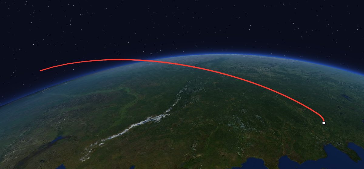 Zenit-4MT 2: the flight path in 3D, from the pad to orbit, seen from space
