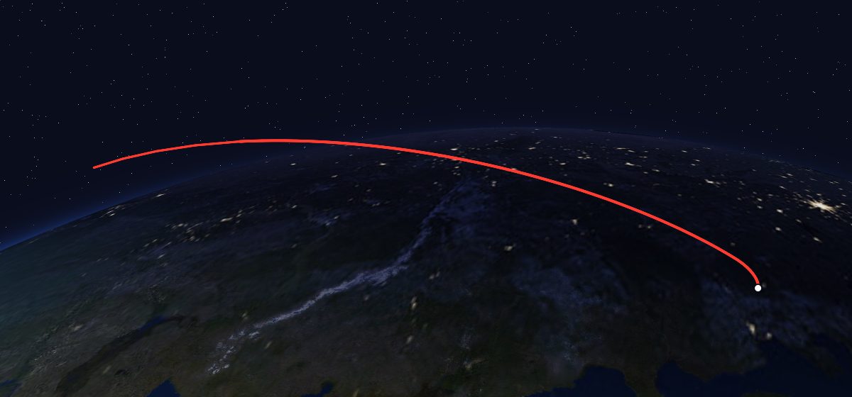 US-K 15: the flight path in 3D, from the pad to orbit, seen from space
