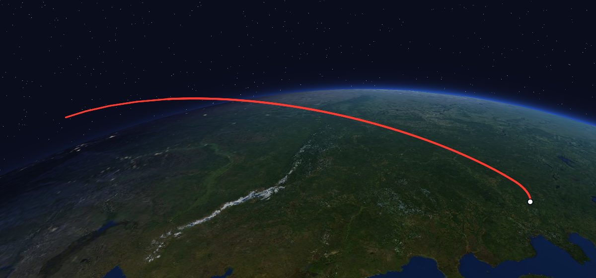 Tselina-D 41: the flight path in 3D, from the pad to orbit, seen from space