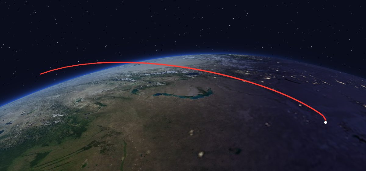 Astra 2A: the flight path in 3D, from the pad to orbit, seen from space