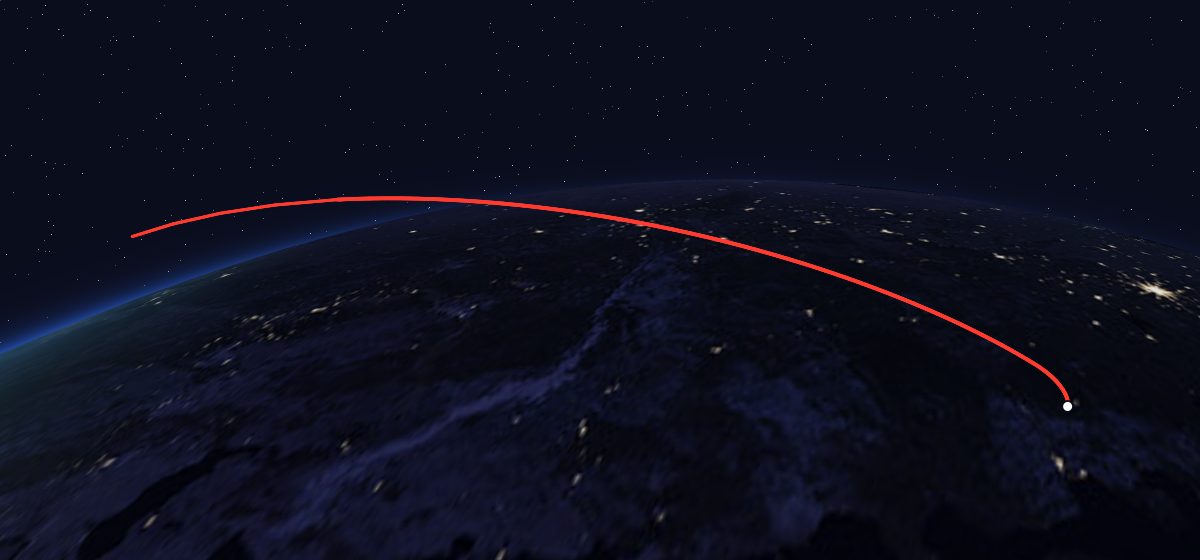 Molniya-3 29L: the flight path in 3D, from the pad to orbit, seen from space