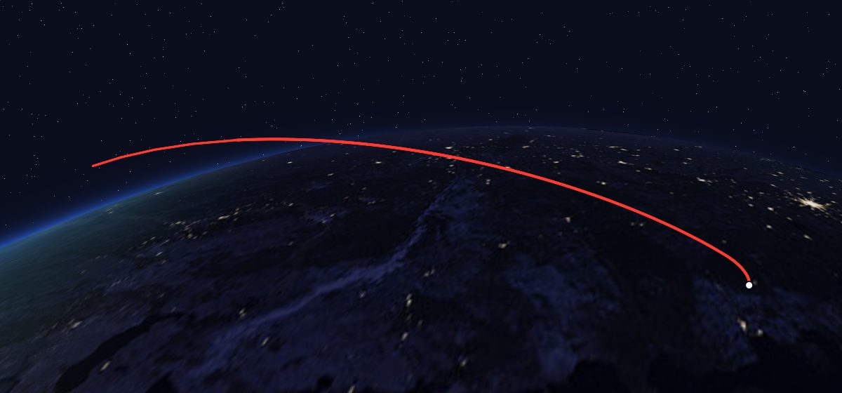 Meteor-1 22 (28L): the flight path in 3D, from the pad to orbit, seen from space