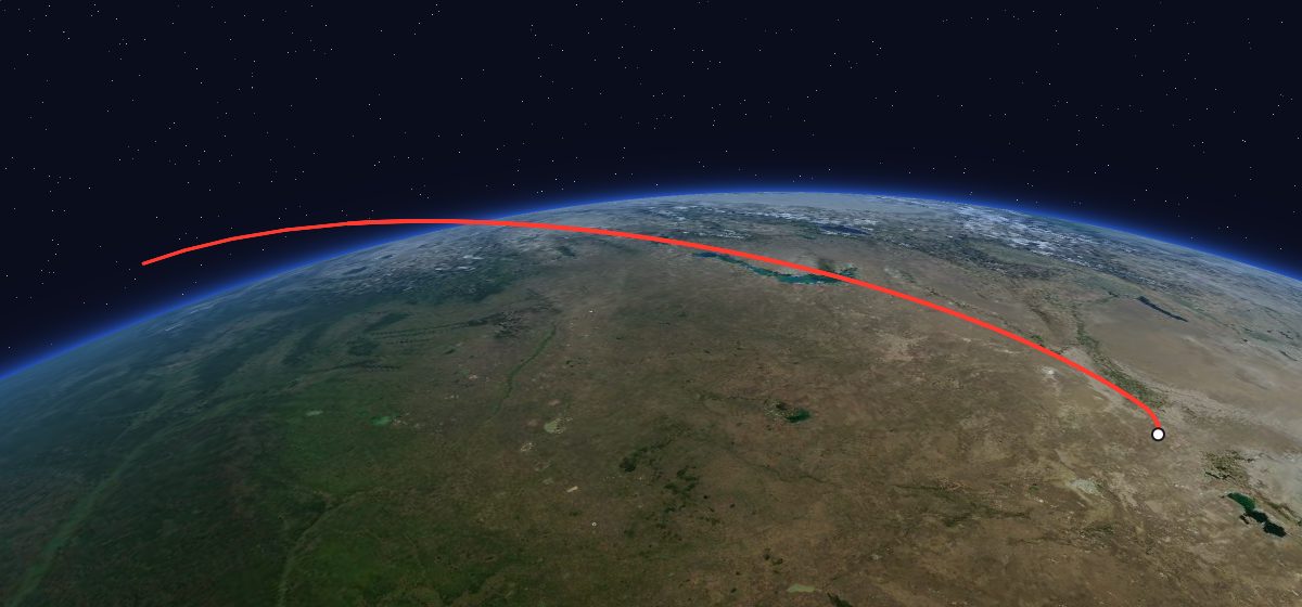 Salyut-2a: the flight path in 3D, from the pad to orbit, seen from space