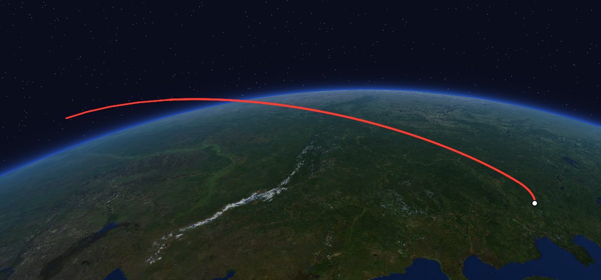 The flight path of Tselina-D 44 drawn on a map