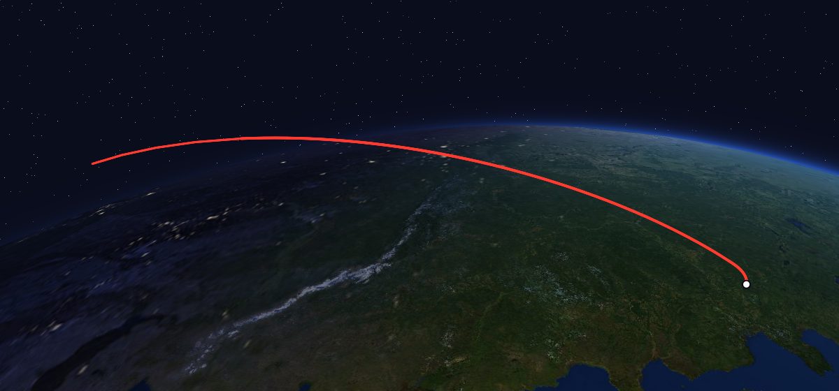 Zenit-4MKM 19: the flight path in 3D, from the pad to orbit, seen from space