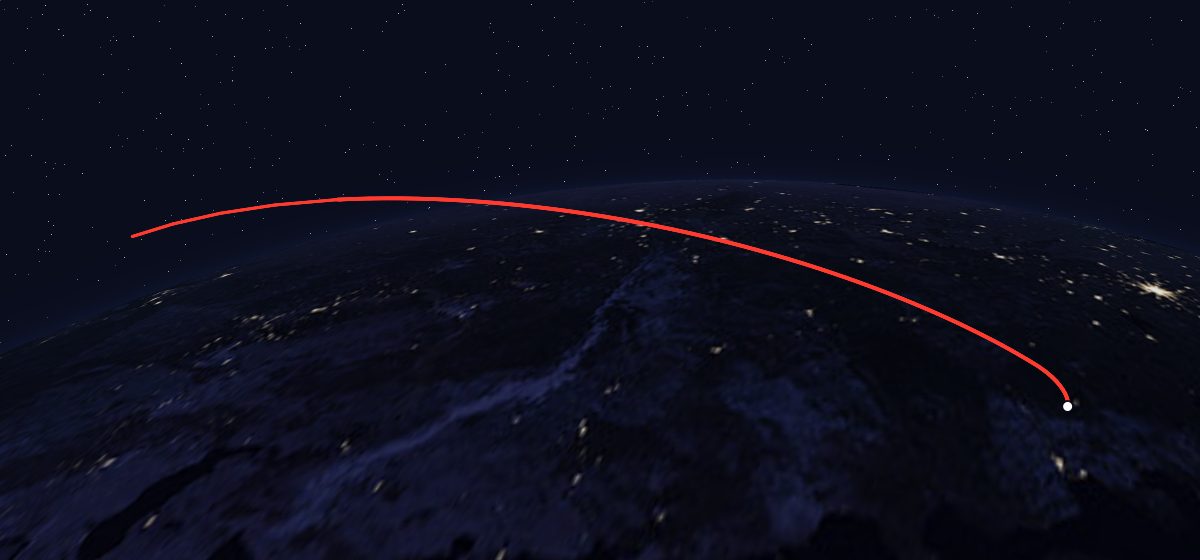 The flight path of Tselina-D 45 drawn on a map