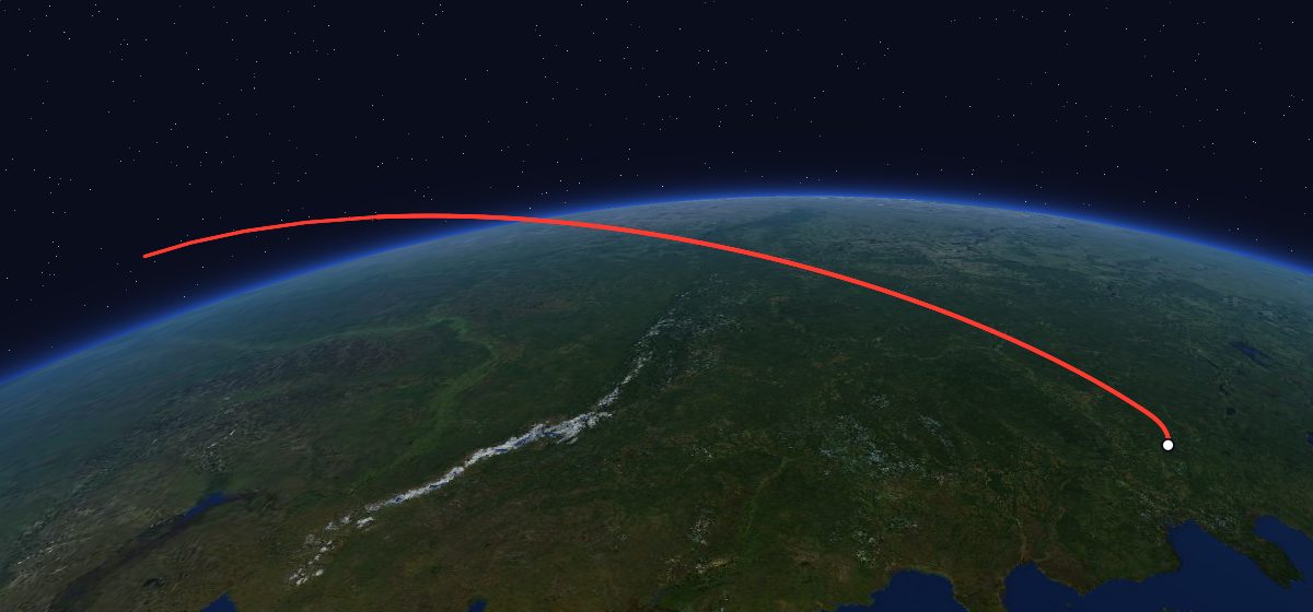 Zenit-6U 47: the flight path in 3D, from the pad to orbit, seen from space
