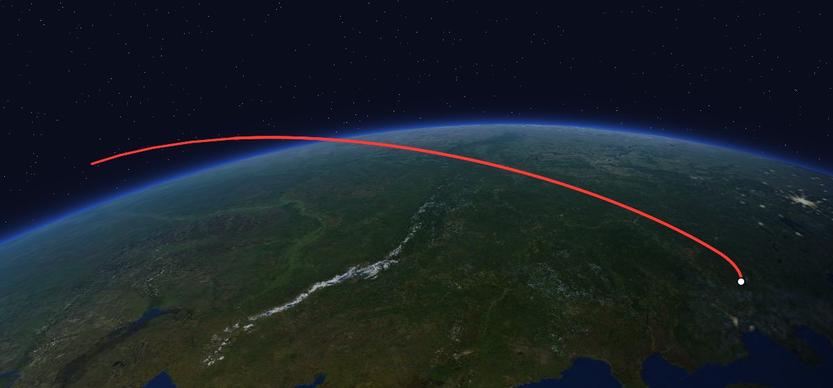 Molniya-3 24L: the flight path in 3D, from the pad to orbit, seen from space