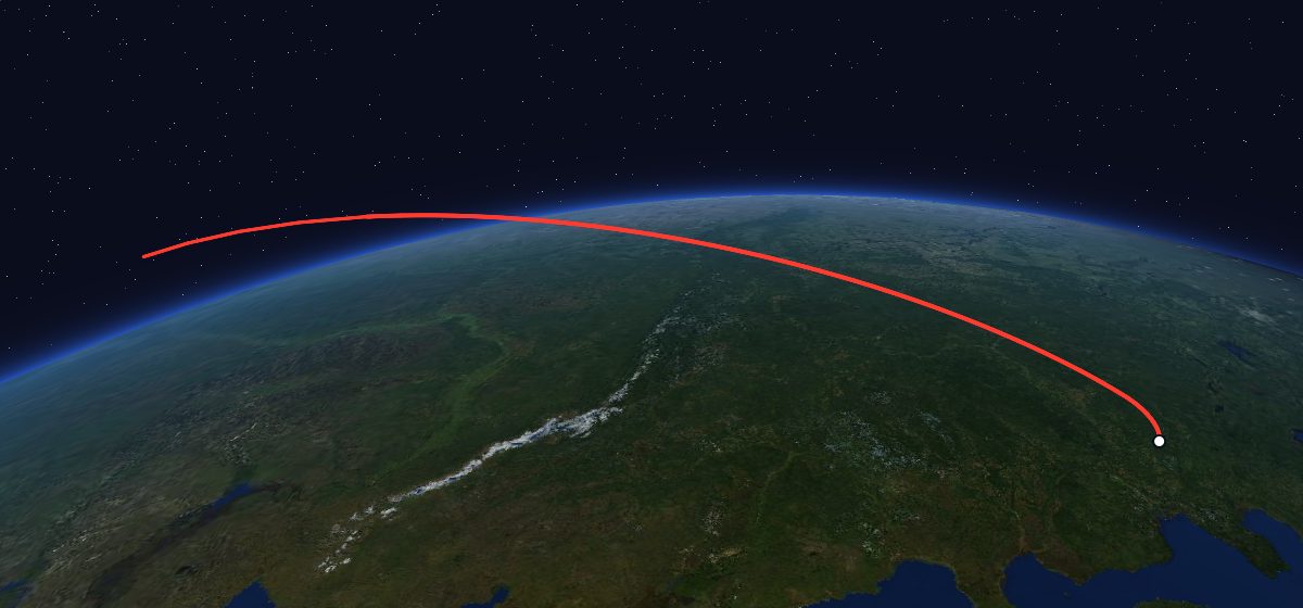 Molniya-1K 30: the flight path in 3D, from the pad to orbit, seen from space