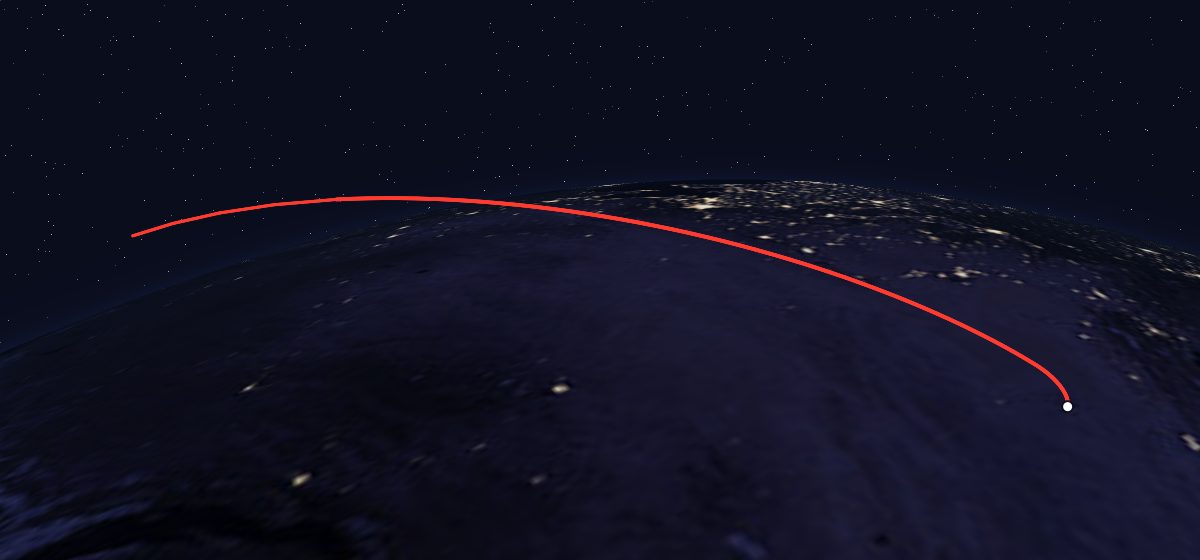 JSSW 1b: the flight path in 3D, from the pad to orbit, seen from space
