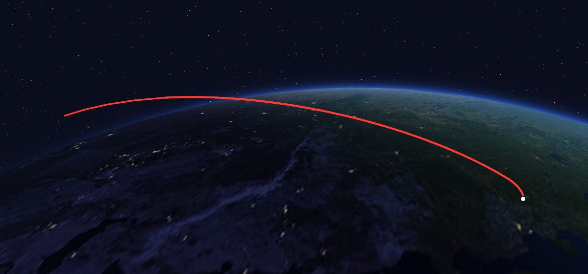 Molniya-2 15: the flight path in 3D, from the pad to orbit, seen from space