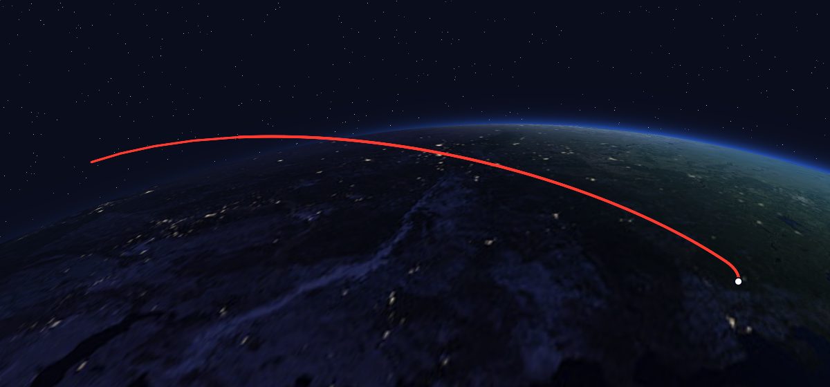 The flight path of Zenit-6U 90 (Kosmos 1530) drawn on a map