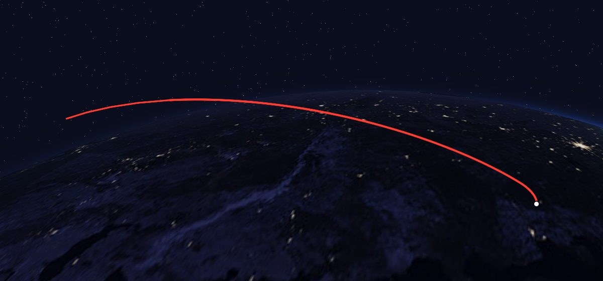 The flight path of Tselina-D 48 drawn on a map