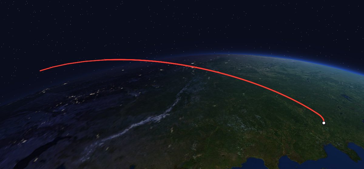 Yantar-2K 3: the flight path in 3D, from the pad to orbit, seen from space