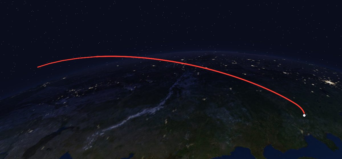 Meteor-1 12 (26L): the flight path in 3D, from the pad to orbit, seen from space