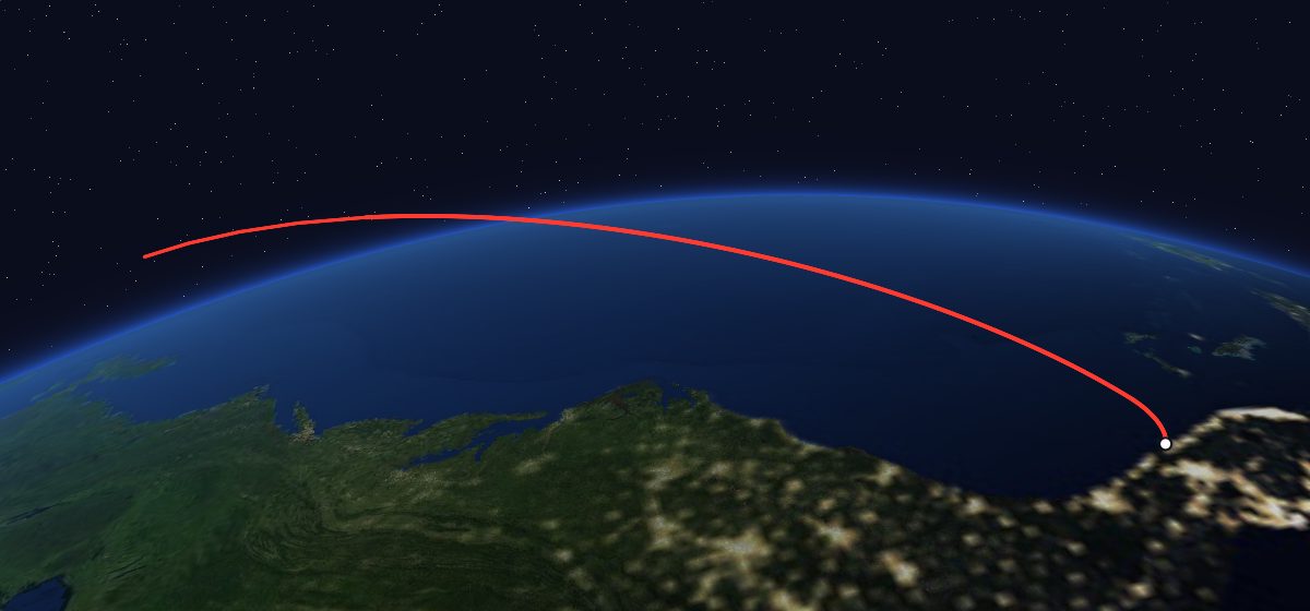 STS-77: the flight path in 3D, from the pad to orbit, seen from space