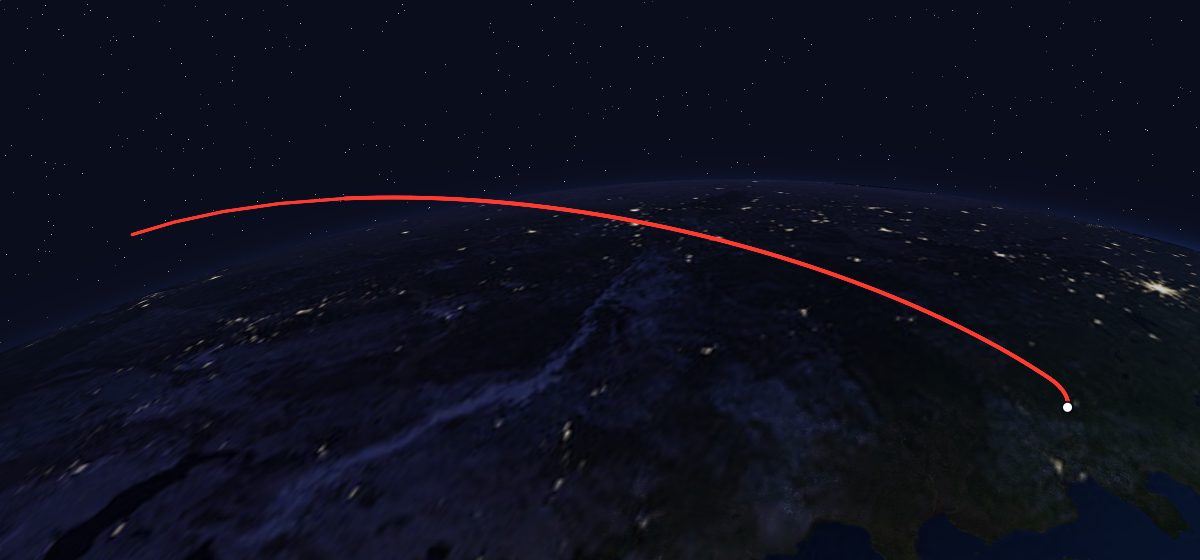 Yantar-4K1 1: the flight path in 3D, from the pad to orbit, seen from space