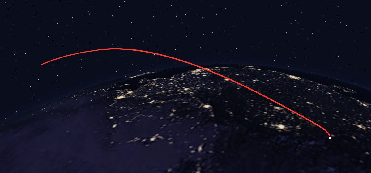 Shiyan Weixing 2: the flight path in 3D, from the pad to orbit, seen from space