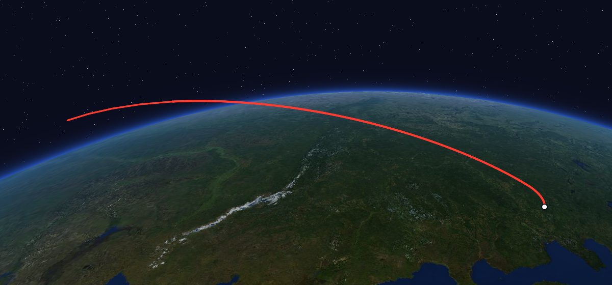 US-K 24: the flight path in 3D, from the pad to orbit, seen from space