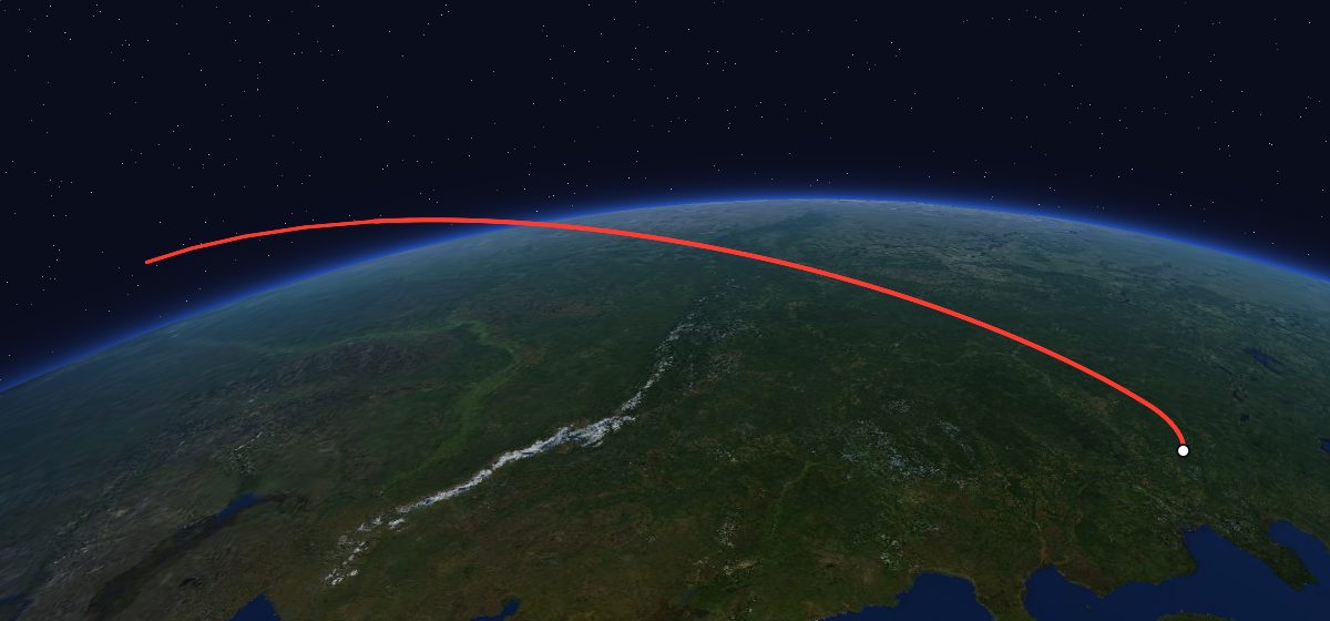 Tselina-D 3: the flight path in 3D, from the pad to orbit, seen from space