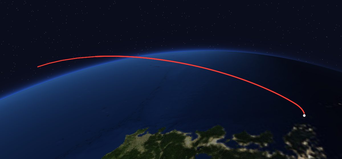 Sakura 2B: the flight path in 3D, from the pad to orbit, seen from space