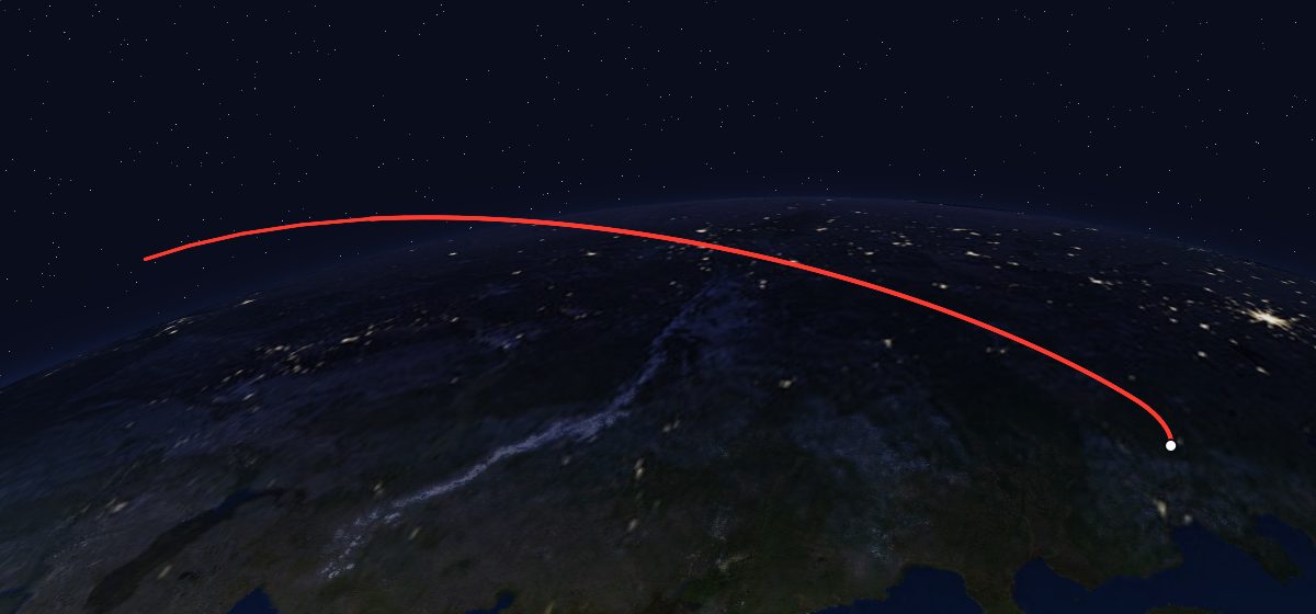 US-K 21: the flight path in 3D, from the pad to orbit, seen from space