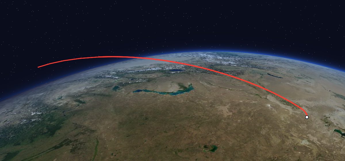 The flight path of Kosmos 1669 drawn on a map