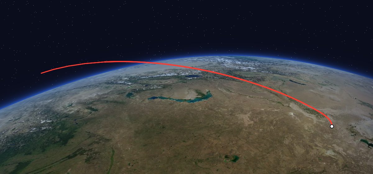 Molniya-1T 57: the flight path in 3D, from the pad to orbit, seen from space